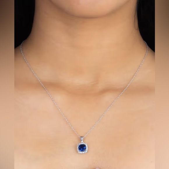 💙 Cushion Cut Blue Sapphire Cz Diamond Halo Necklace - Picture 11 of 14